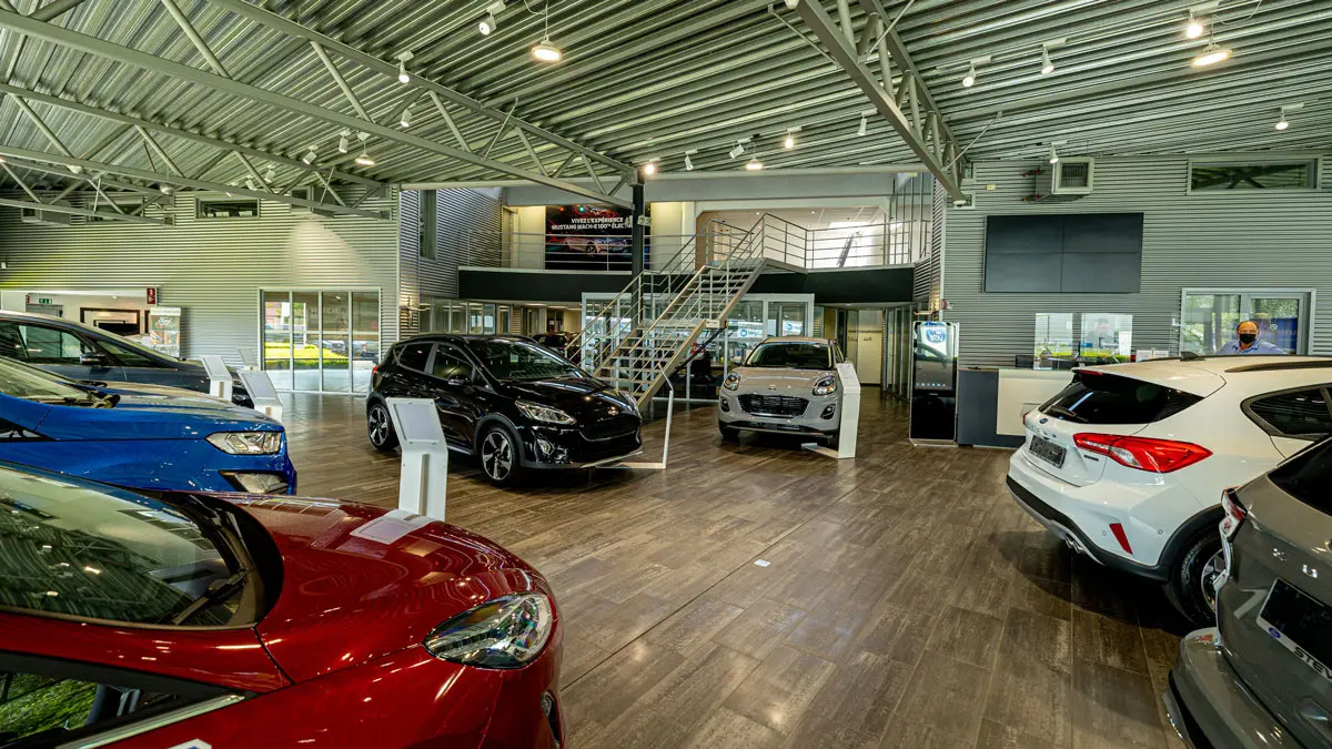 Intérieur d'une concession automobile avec plusieurs modèles Ford exposés, dont des voitures rouges, bleues, noires et blanches sur un sol en bois.