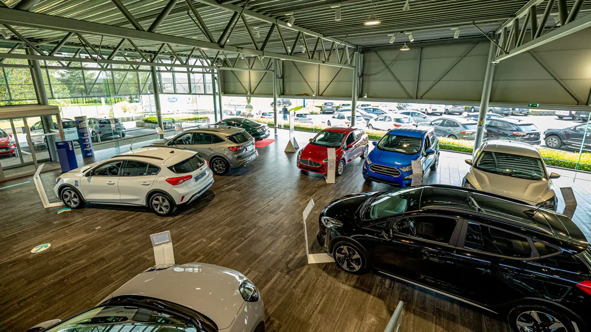 Vue intérieure d'une concession automobile avec plusieurs voitures Ford de différentes couleurs exposées sur un sol en bois.