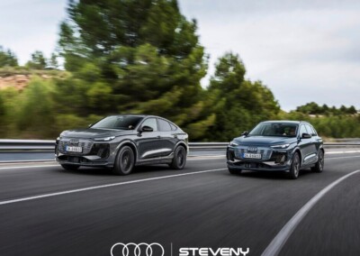 Deux Audi Q6 Sportback e-tron noires roulent sur une route bordée d'arbres et de ciel dégagé.