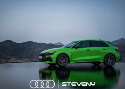 Audi RS3 verte stationnée devant un paysage montagneux, avec le logo Steveny en bas de l'image.