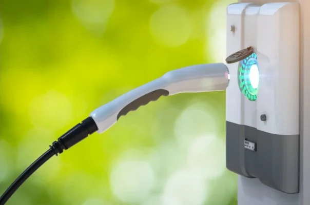 Chargeur de voiture électrique blanc connecté à une borne sur fond flou vert.