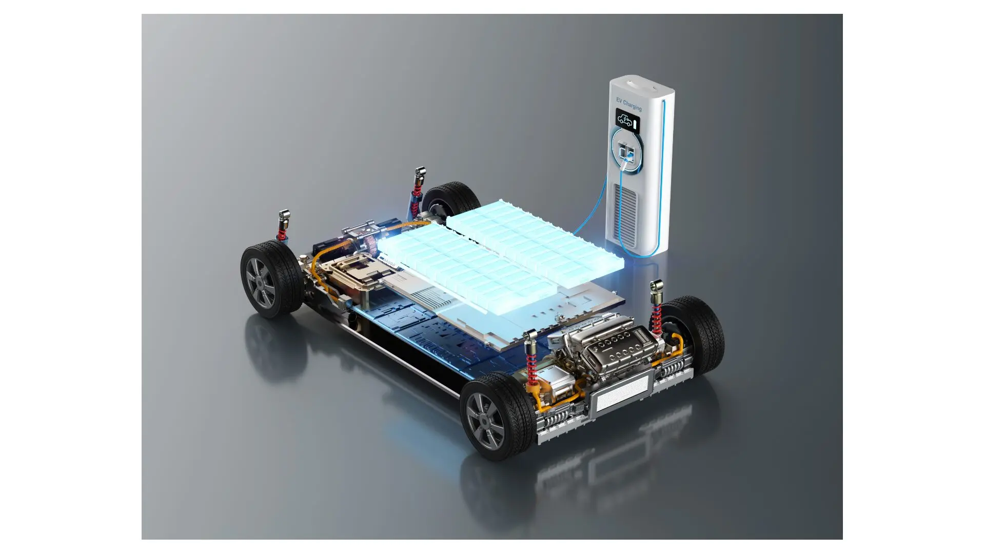 Châssis de voiture électrique avec batterie exposée et borne de recharge connectée, sur fond gris.