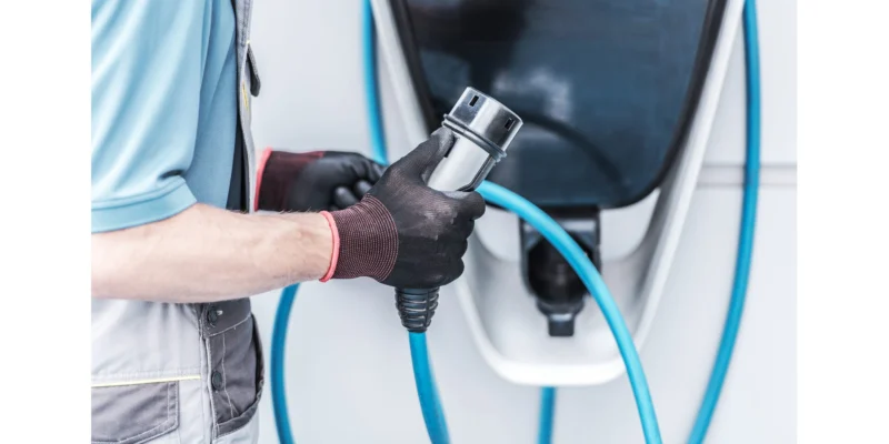 Un homme en gants noirs tient un câble de recharge bleu devant une borne de recharge électrique.