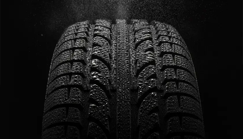 Gros plan sur un pneu noir avec des motifs de bande de roulement visibles, sur fond sombre.