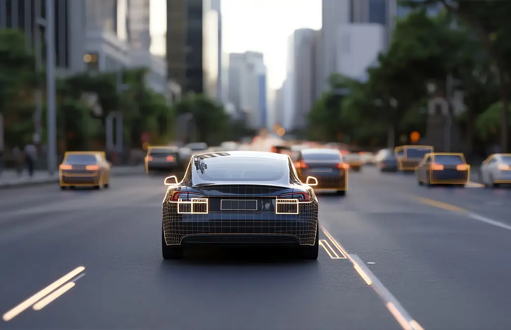 Une voiture noire autonome circule sur une route urbaine entourée d'autres véhicules, avec des bâtiments en arrière-plan.