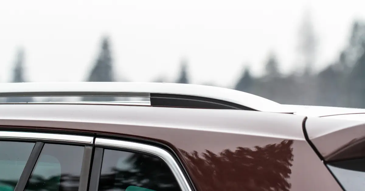 Partie supérieure d'une voiture brune avec barres de toit argentées, entourée d'arbres flous en arrière-plan.