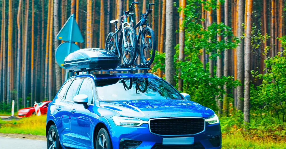 SUV bleu avec coffre de toit et vélos, roulant sur une route forestière bordée d'arbres et de verdure.