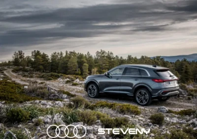 SUV Audi Q5 gris sur un chemin rocailleux entouré de végétation, sous un ciel nuageux, avec logos Audi et Steveny.