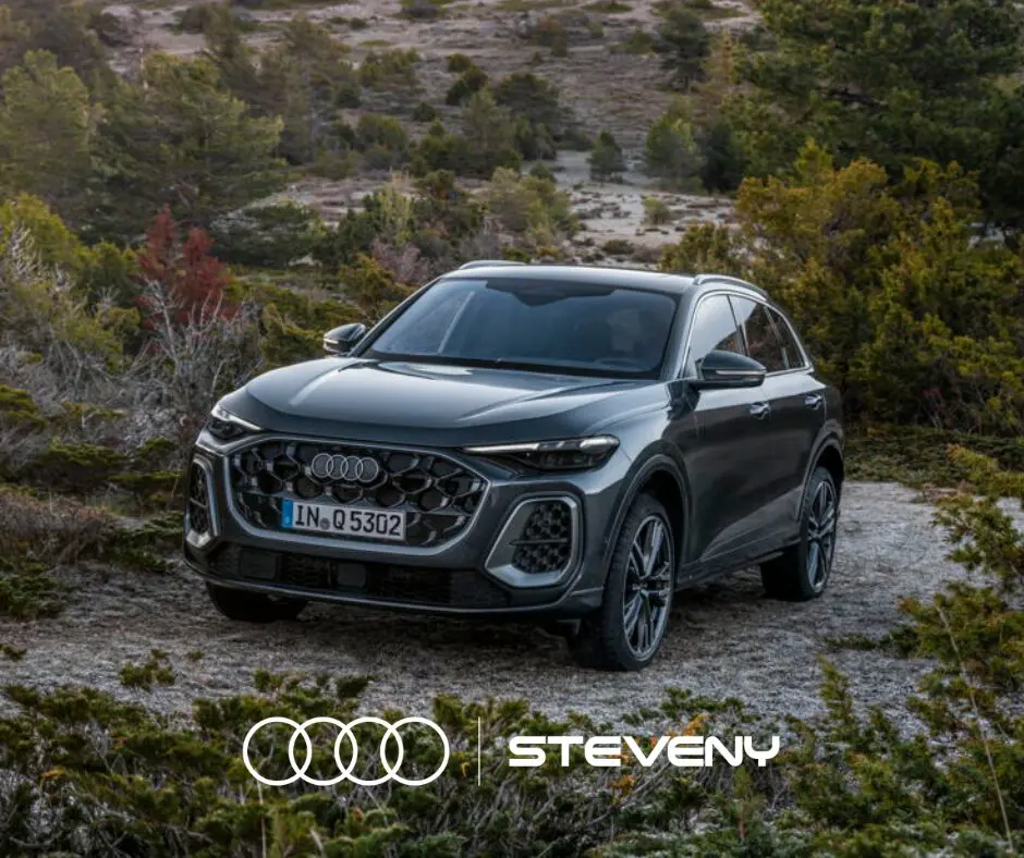 SUV Audi Q5 gris stationné en plein air, entouré de végétation, avec logo Steveny en bas de l'image.